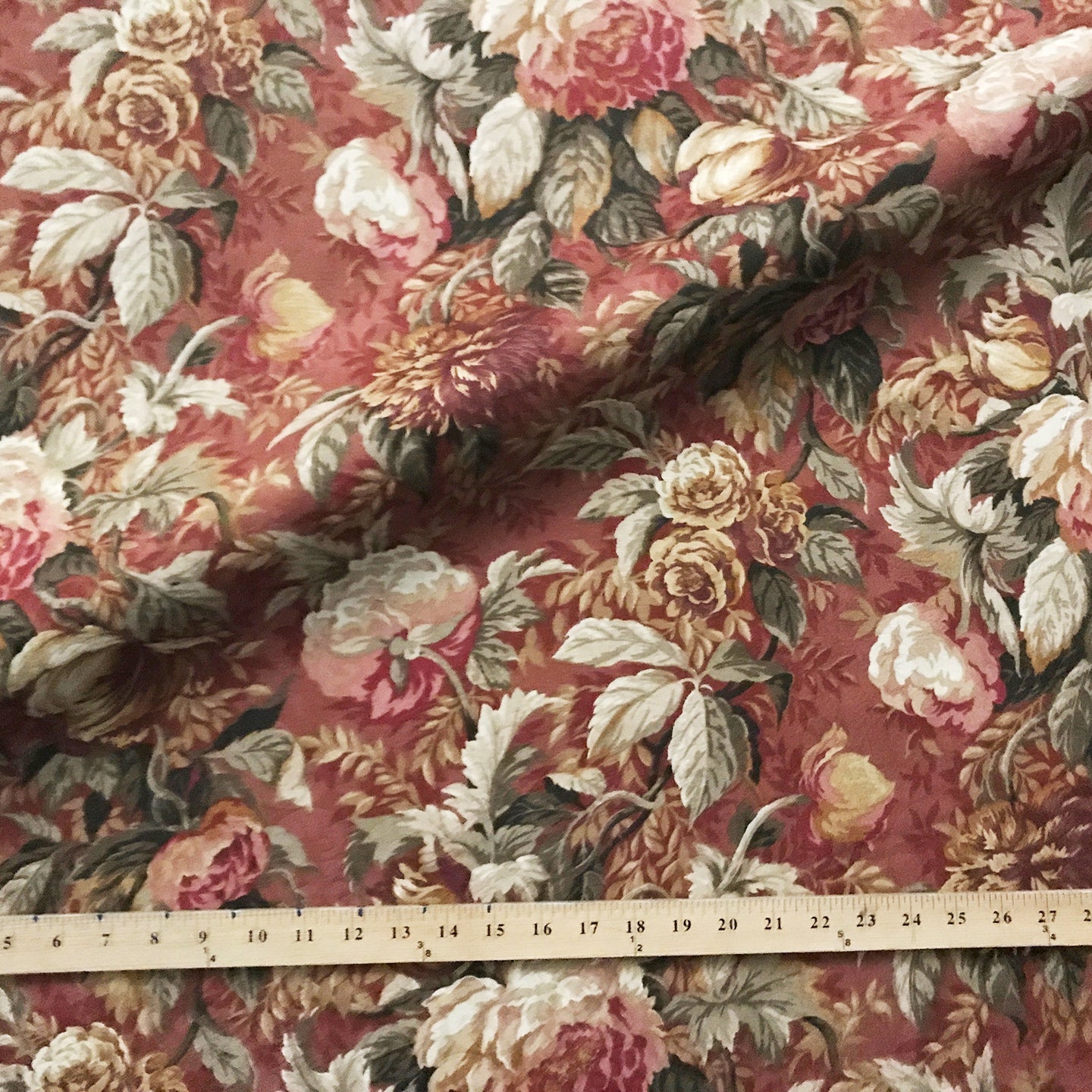 Vintage Inspired Blush Pink Floral Peony Print Fabric with Hues of Green, Beige, Red & Brown