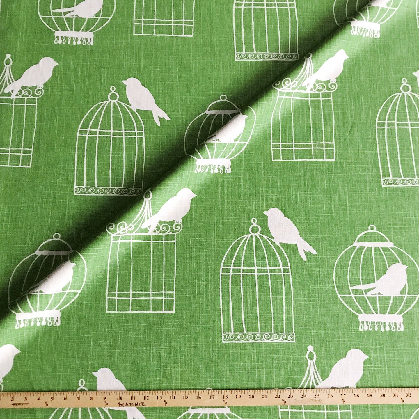 Green Linen Caged Bird Printed Fabric