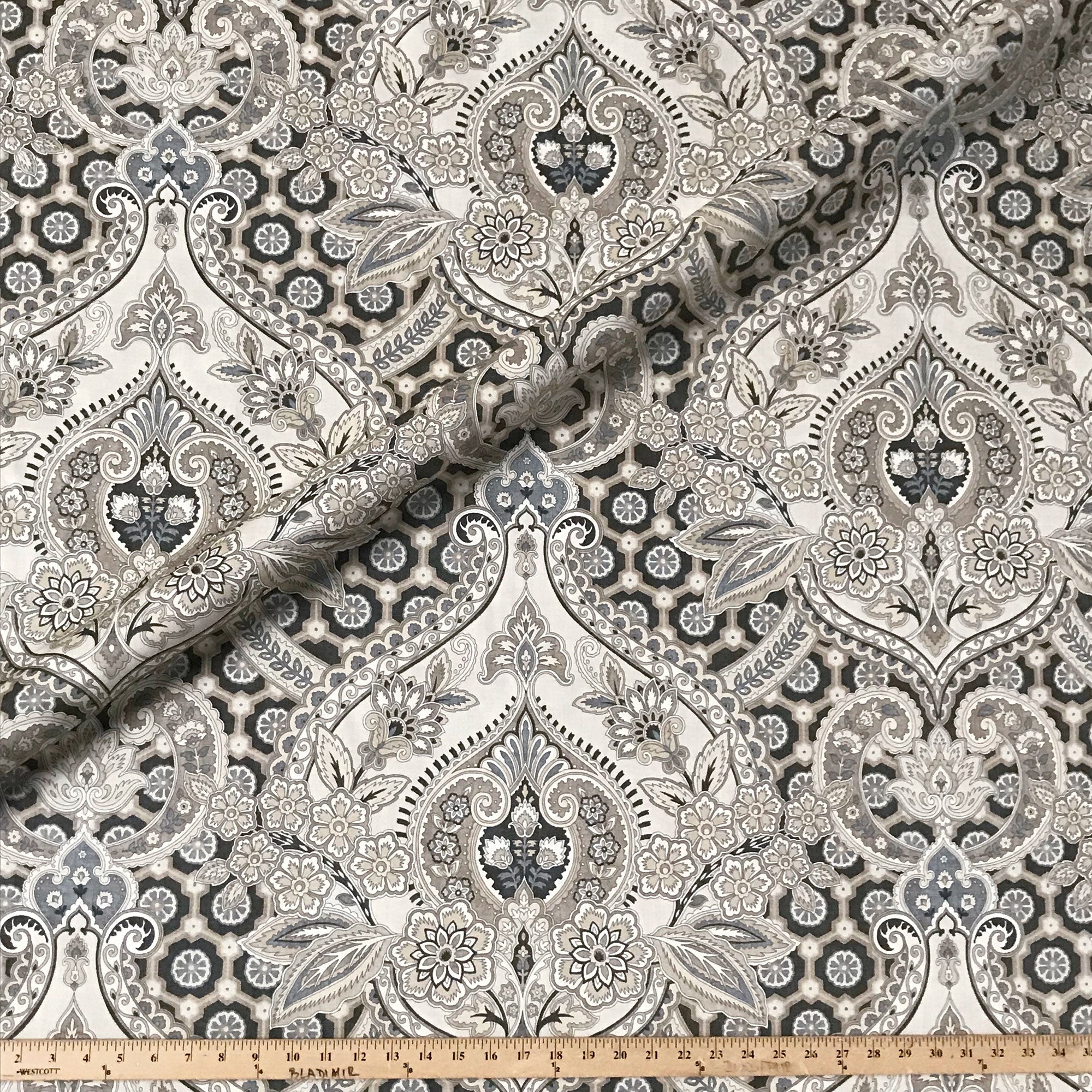 Beige Traditional Damask Cotton Upholstery Fabric 54"