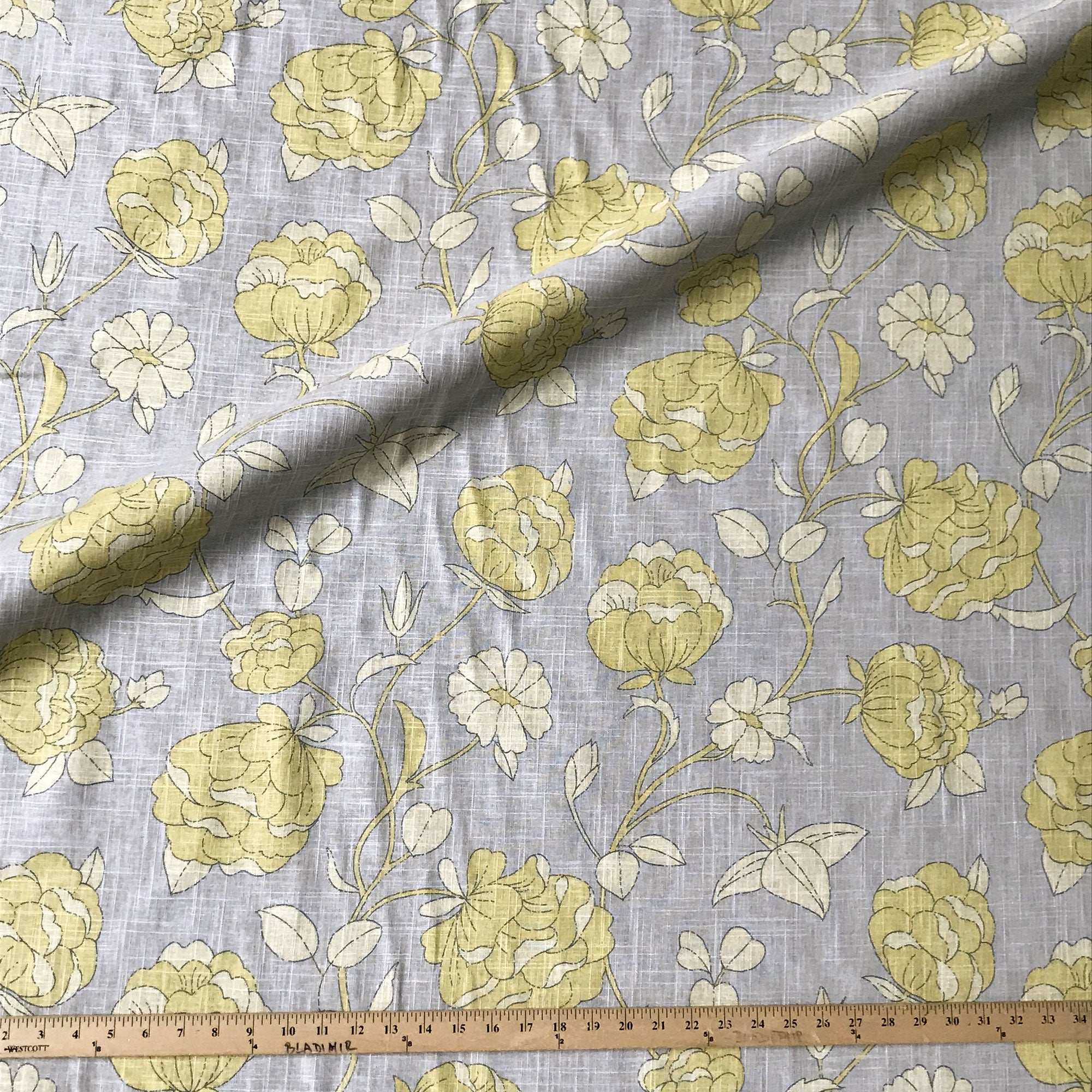 Yellow and Gray Retro Floral Linen Upholstery Fabric 54"