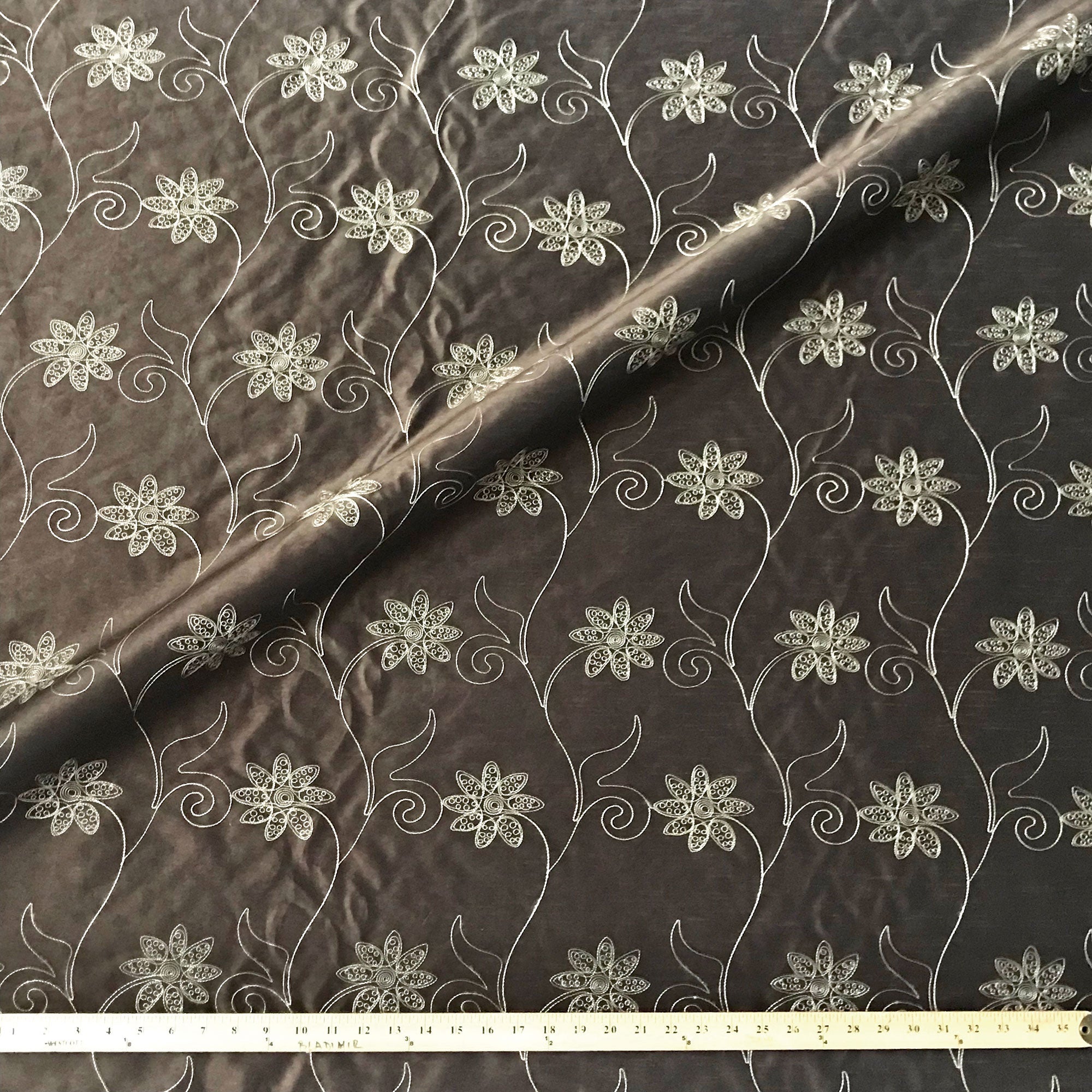 Dark Brown Traditional Floral Embroidered Upholstery Fabric 54"