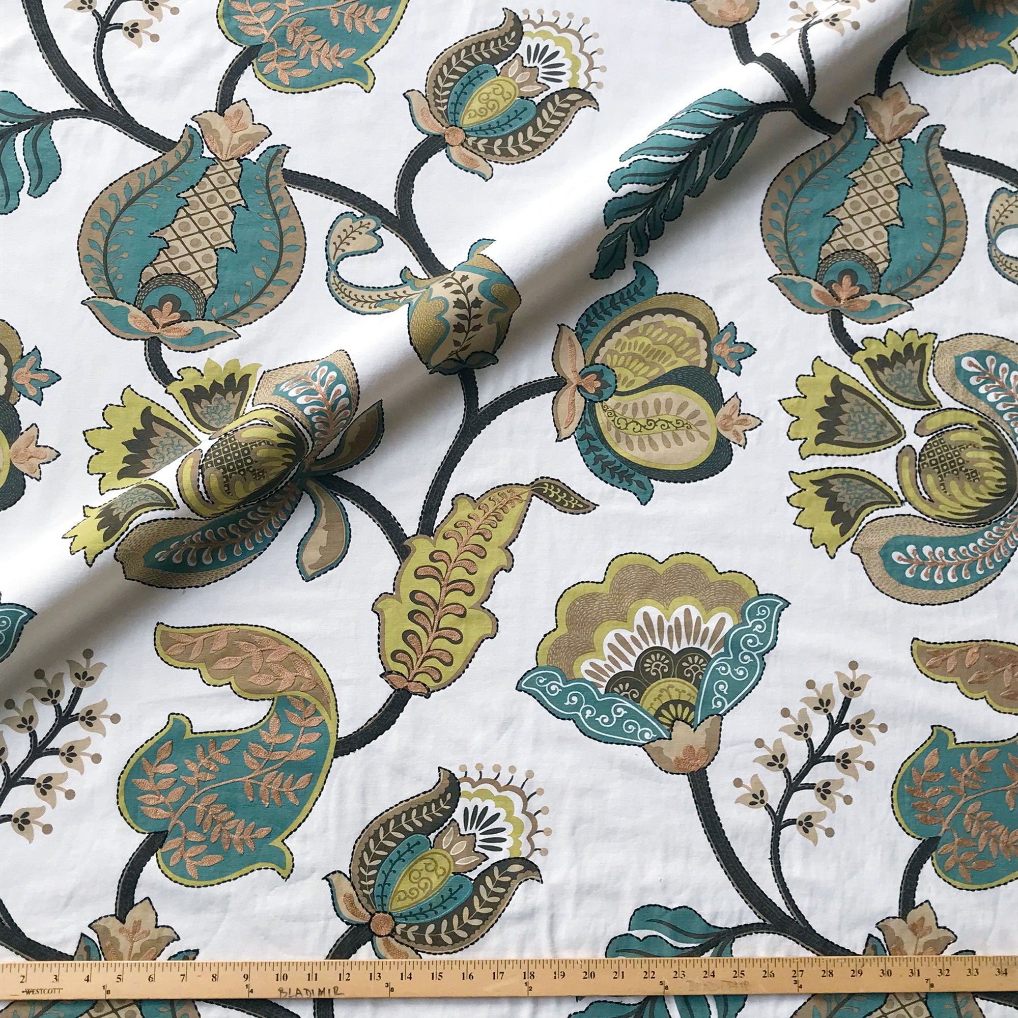 Teal Traditional Floral Embroidered Upholstery Fabric 54"
