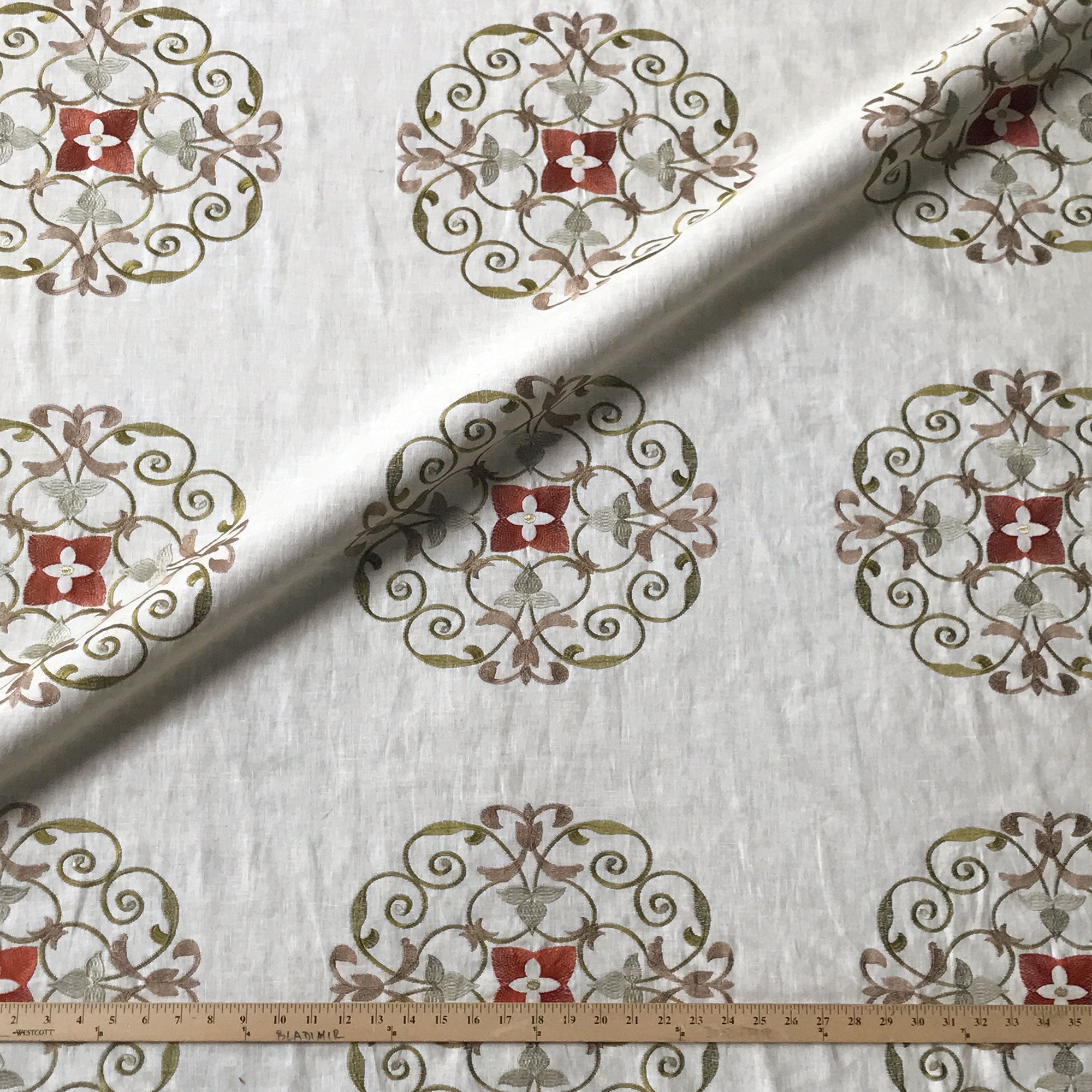 White Traditional Medallion Embroidered Upholstery Fabric 54"