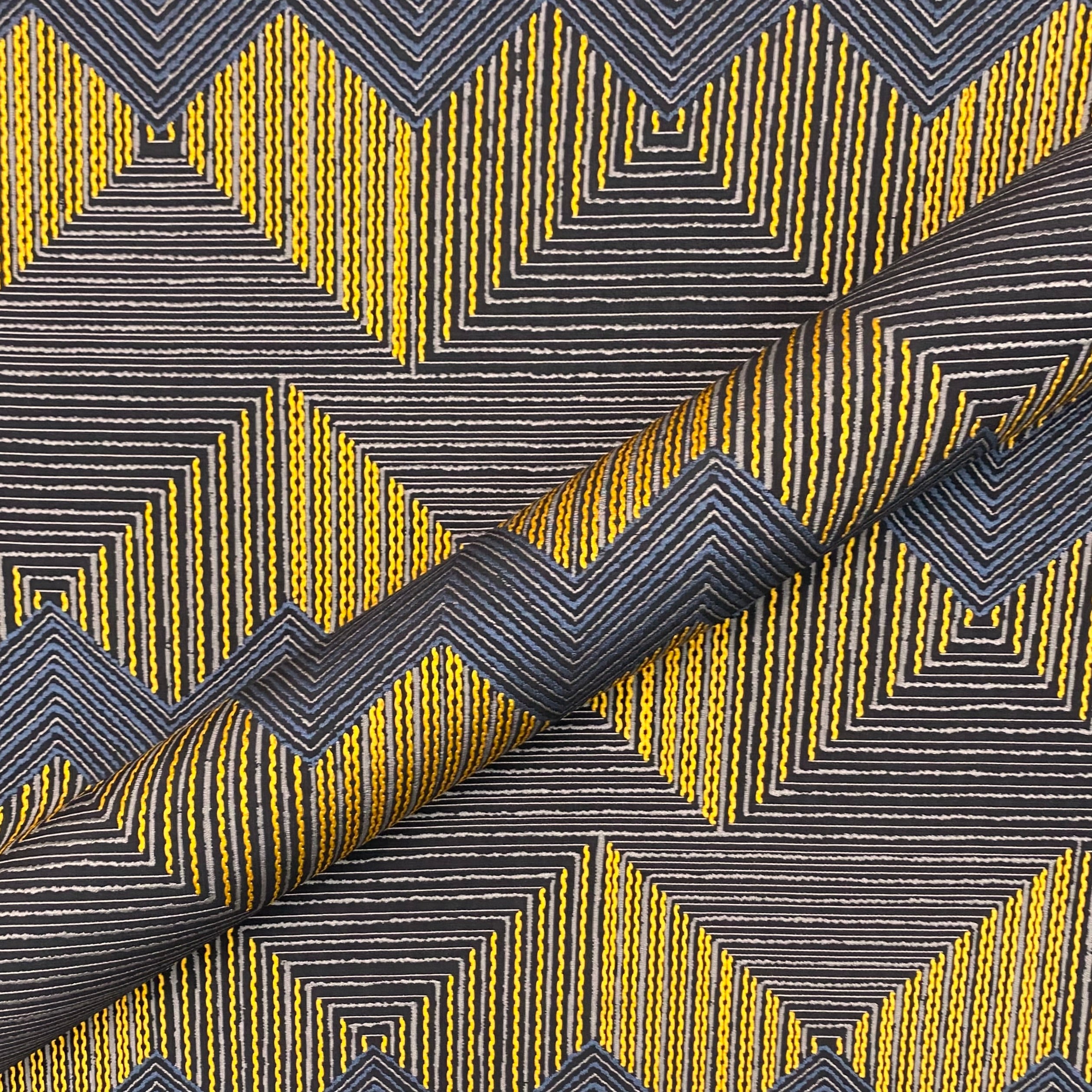 Indigo/Yellow Art Deco Textured Jacquard Fabric 52"