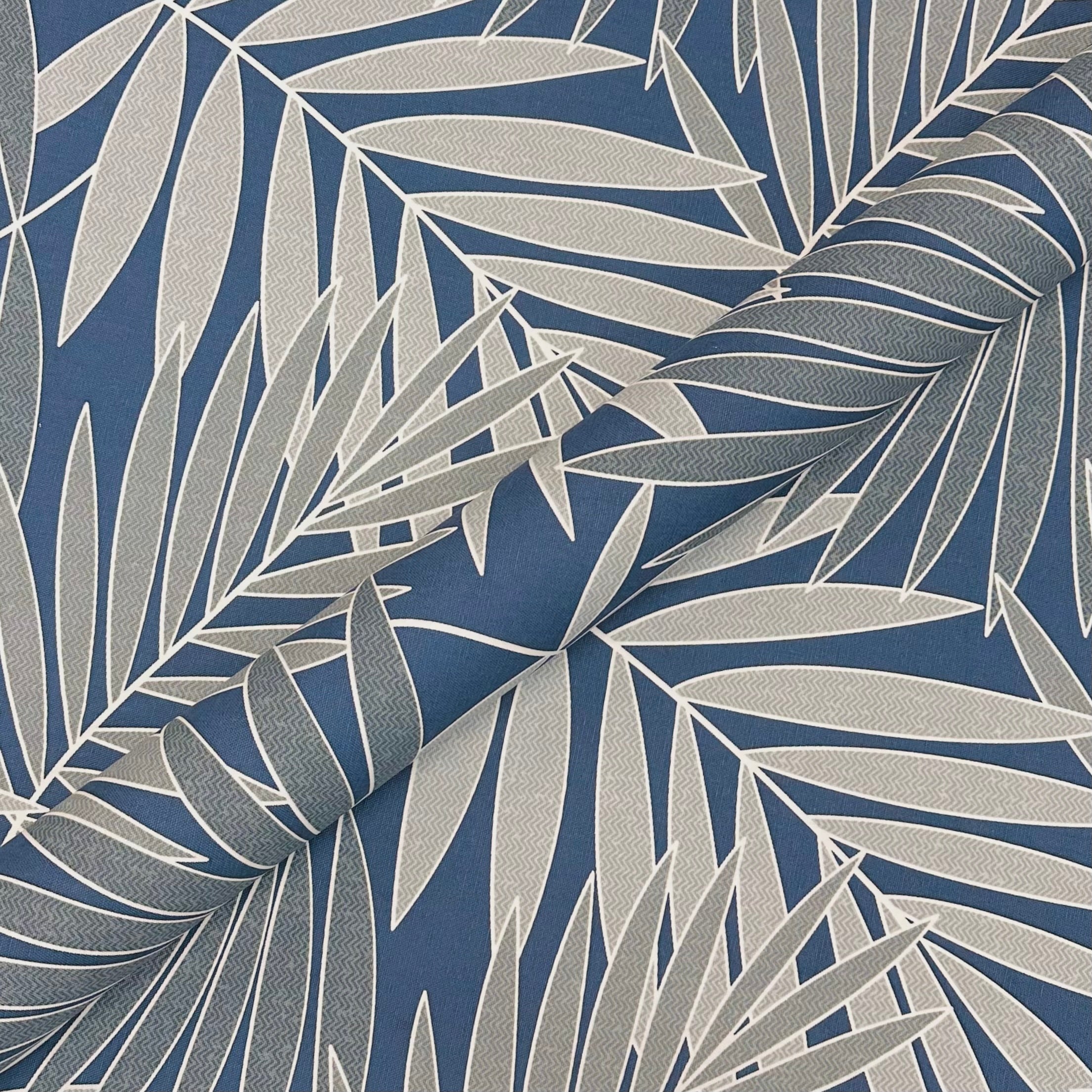 Navy Blue Tropical Palm Leaf Cotton Fabric 54"