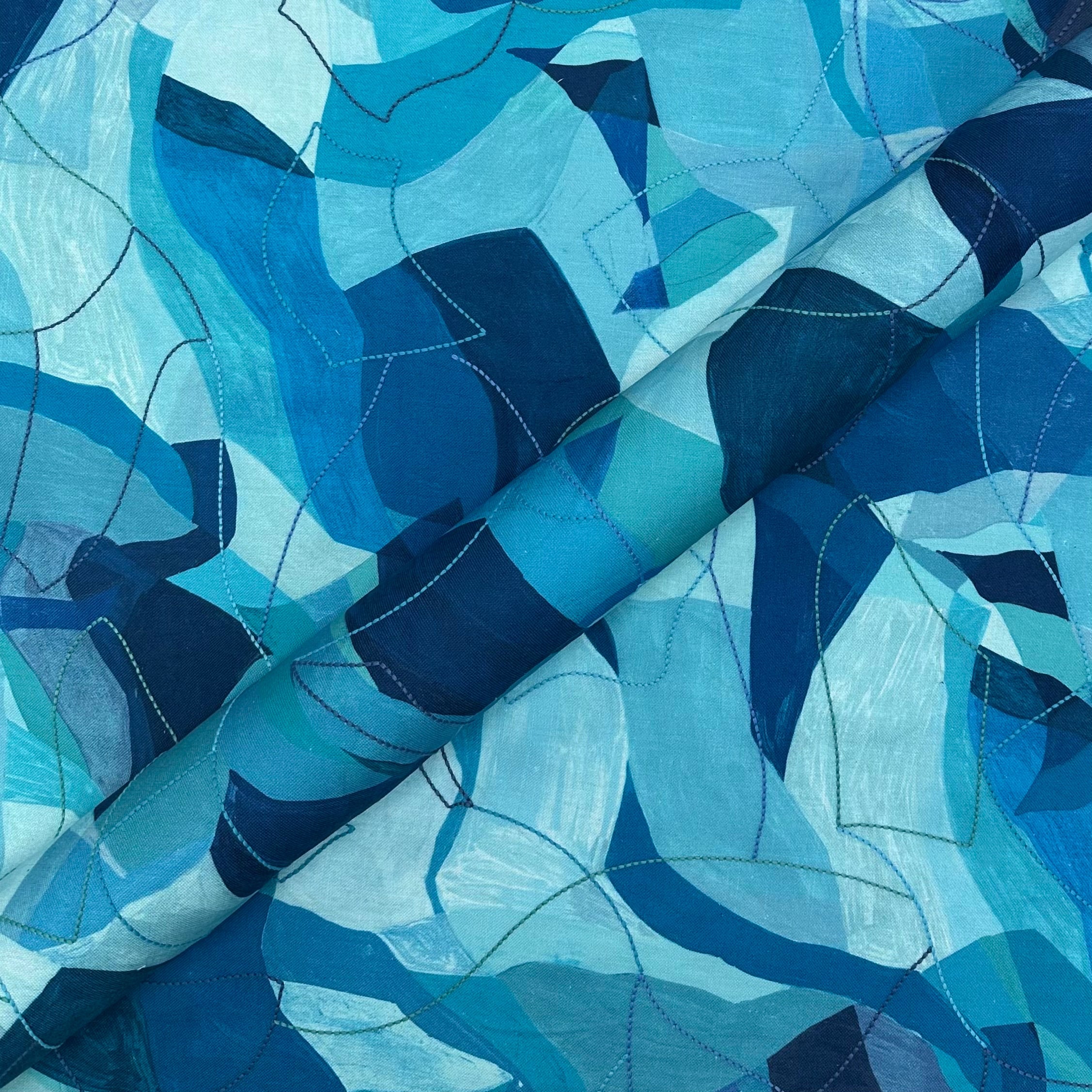 Ocean Blue Embroidered Contemporary Cotton Fabric 54"