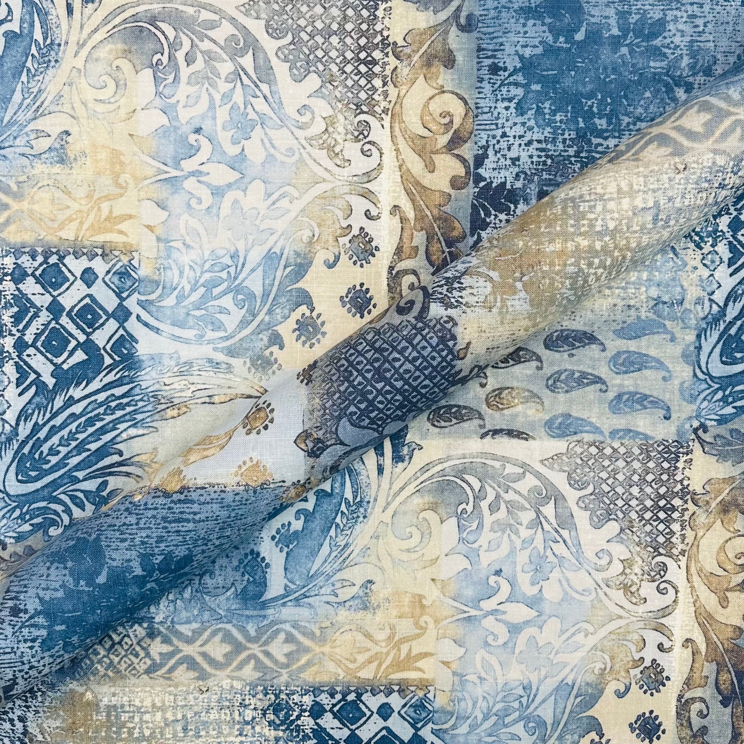 Harbor Azure Damask Linen Fabric 55"