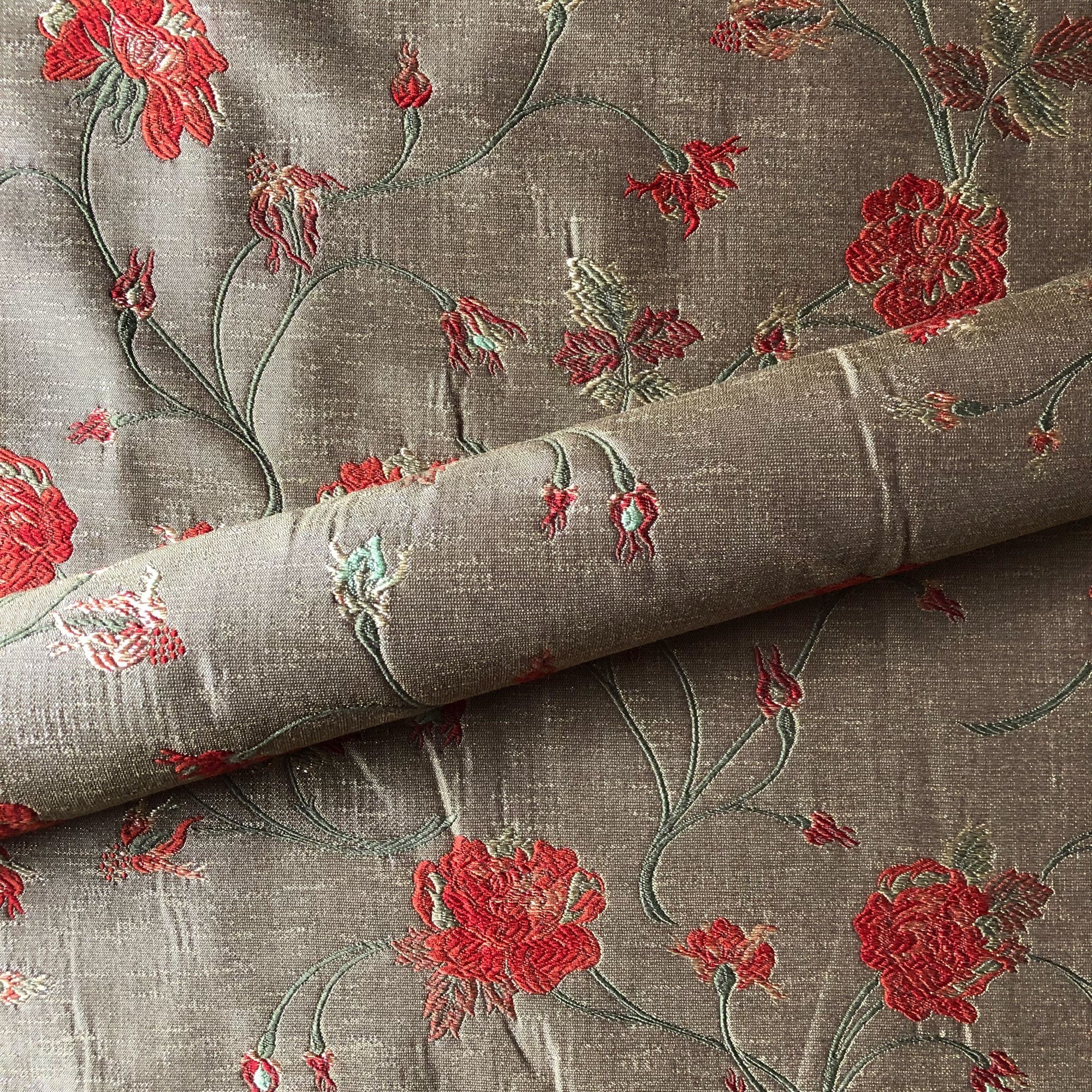 Taupe Country Floral Embroidered Upholstery Fabric 54"