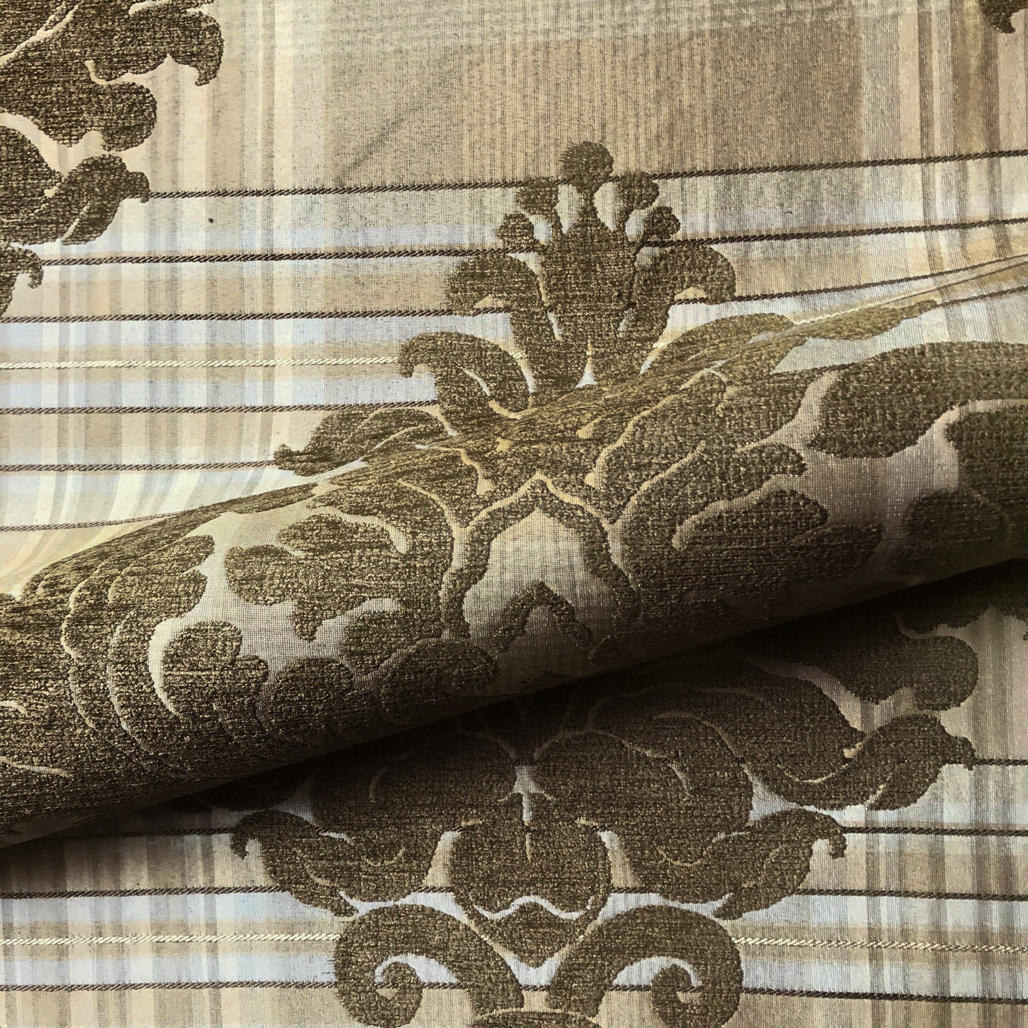 Light Brown Damask Tartan Chenille Upholstery Fabric 54"