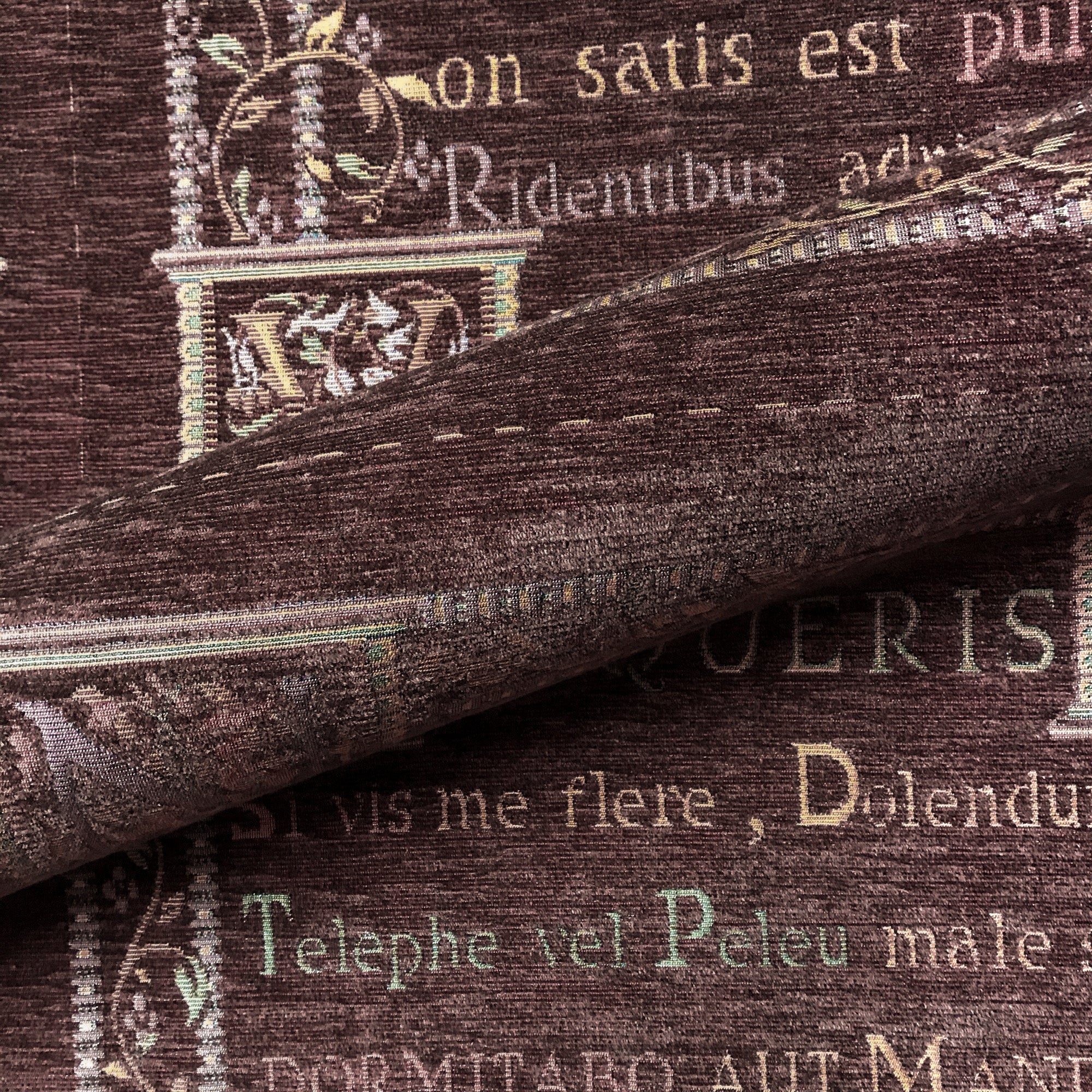 Chocolate Traditional Chenille Latin Scroll Upholstery Fabric 54"