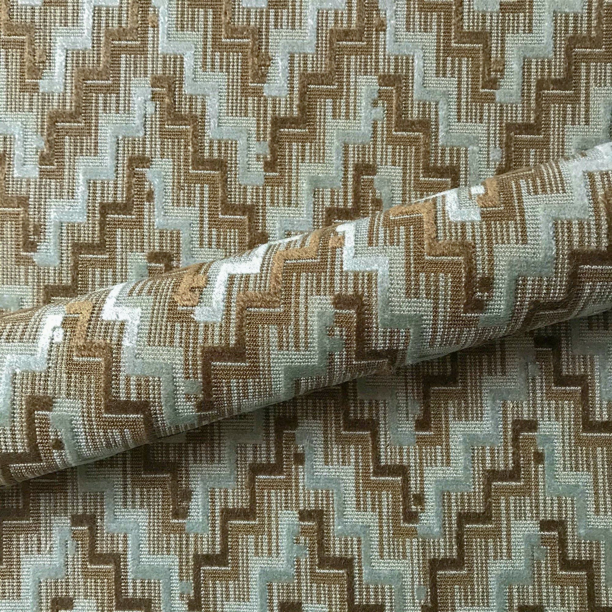 Pale Blue and Brown Mid Century Geometric Velvet Cut Upholstery Fabric 56"