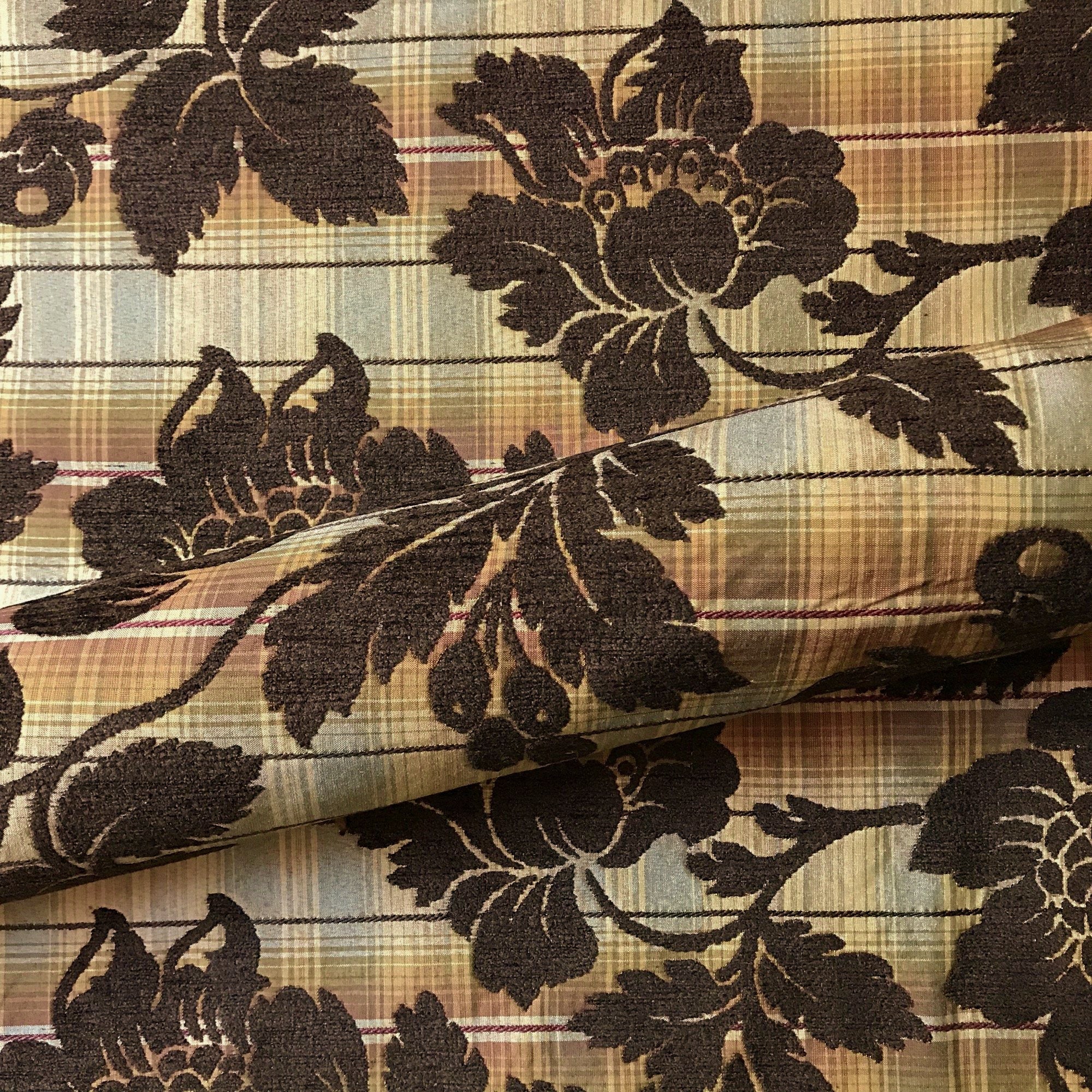 Dark Brown Tropical Fauna Tartan Chenille Upholstery Fabric 54"