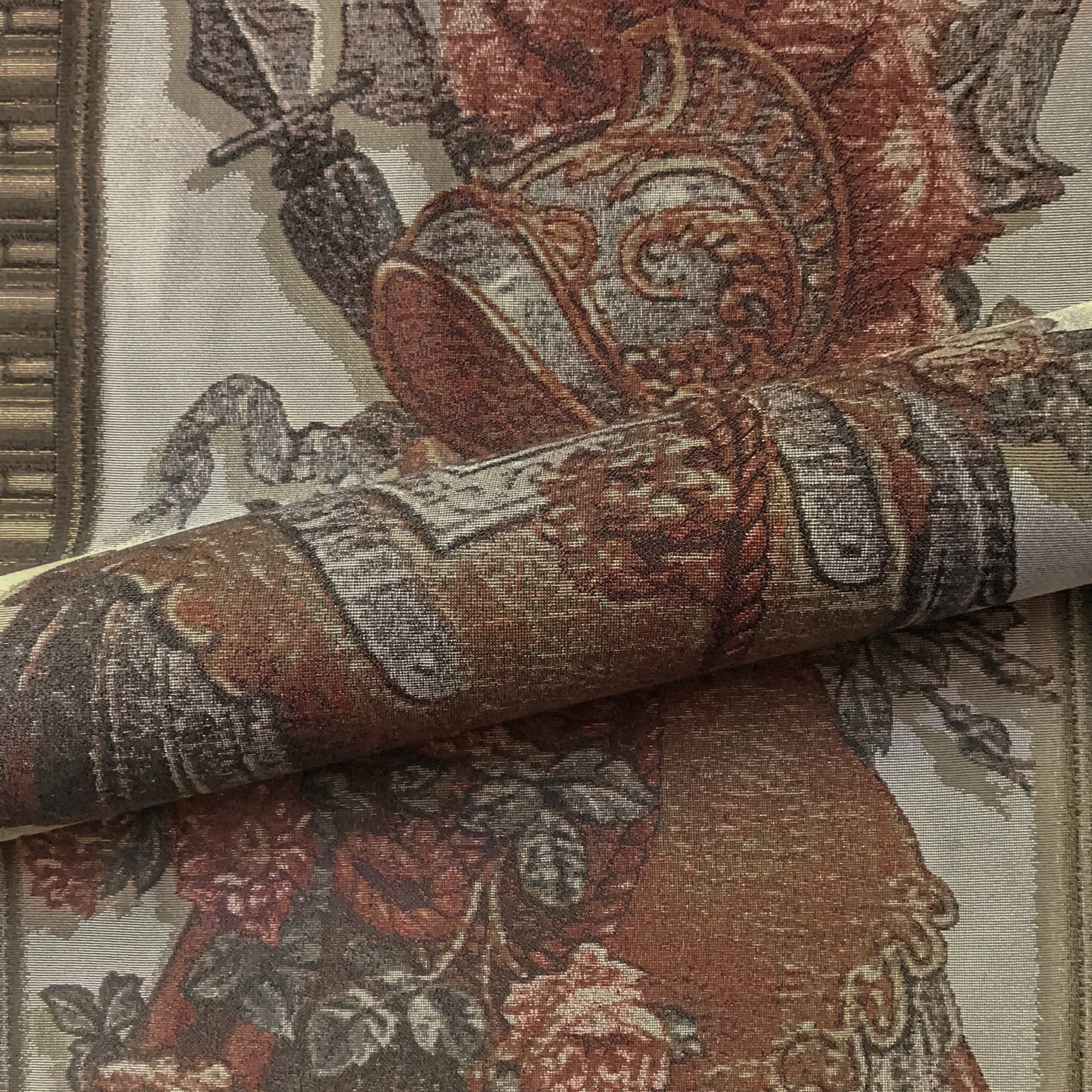 Khaki Scarlet Medieval Armor Tapestry Weave Upholstery Fabric 56"