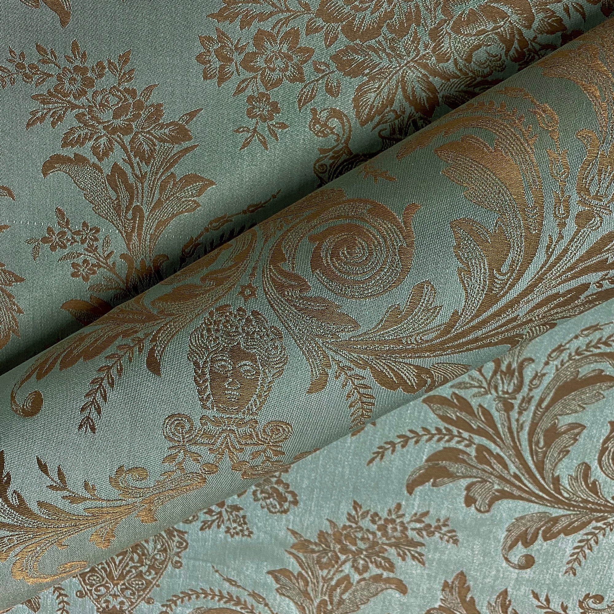 Foscari Robin Egg Blue Damask Upholstery Fabric 54"