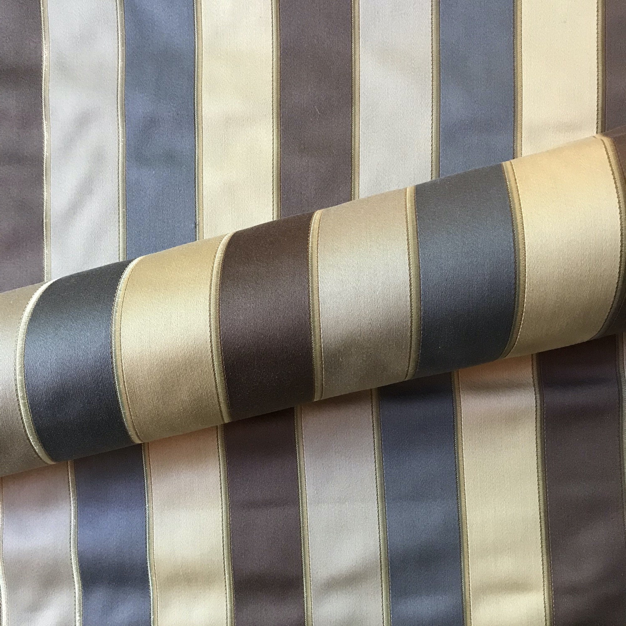 Tan And Gray Oxford Wide Stripe Silk Upholstery Fabric 54"