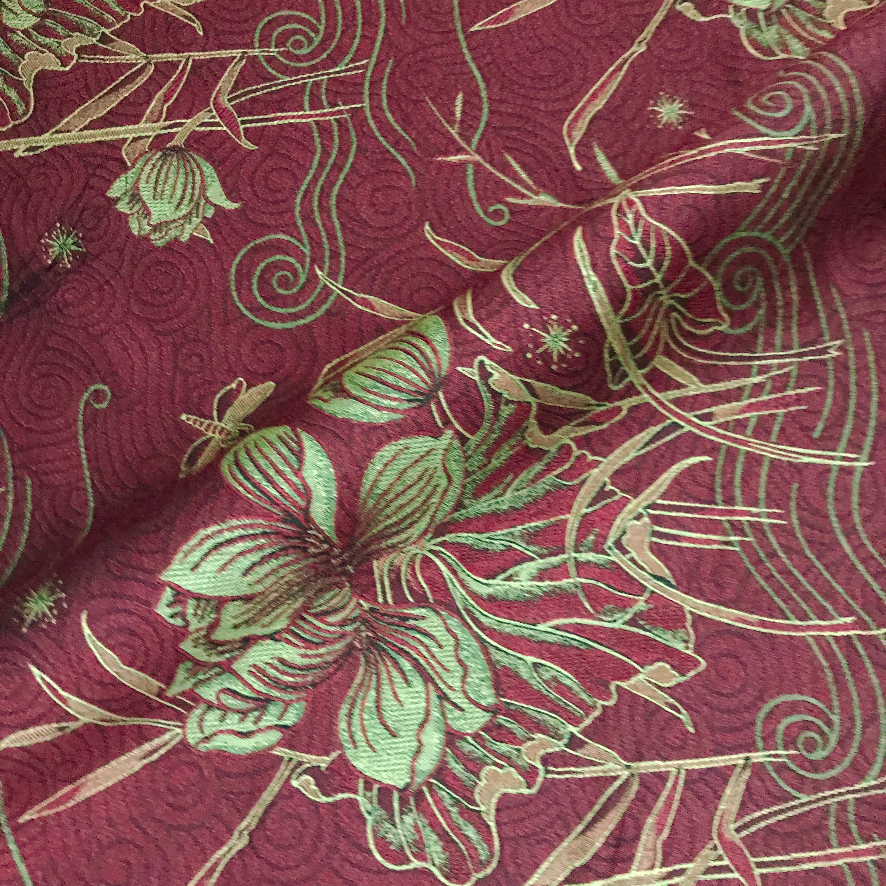 Red Embroidered Lily Dragonfly Upholstery Fabric - 54"