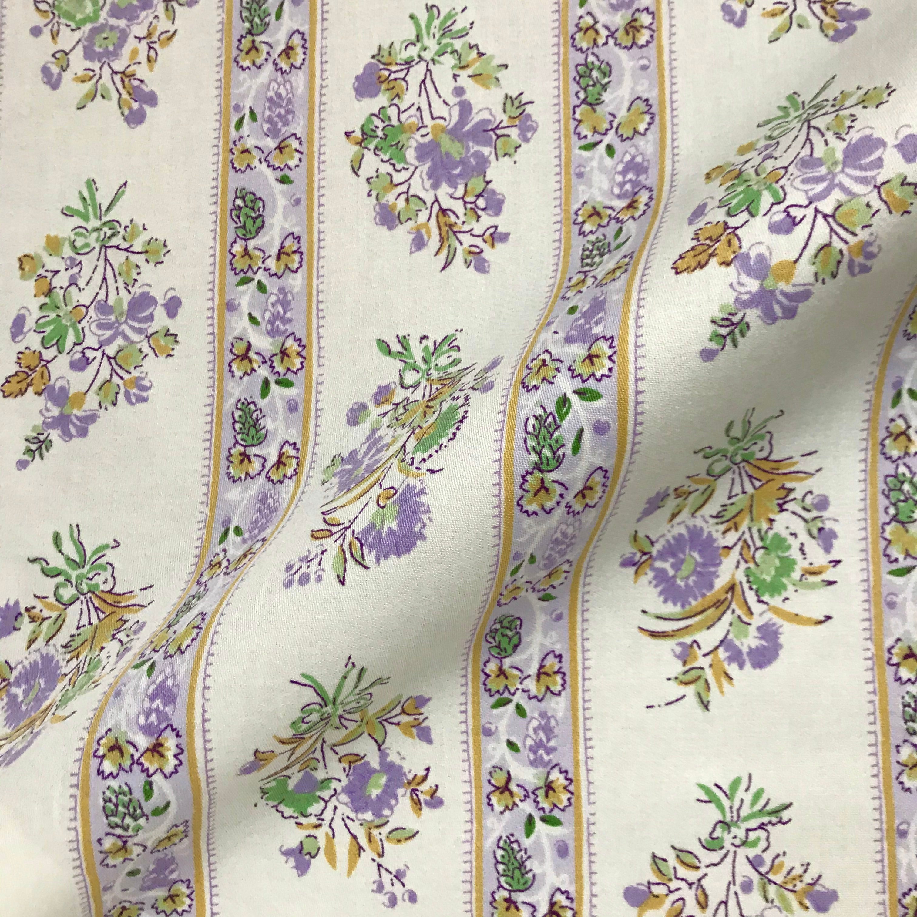 Lavender and Ivory Watercolor Floral Stripe Cotton Fabric 54"
