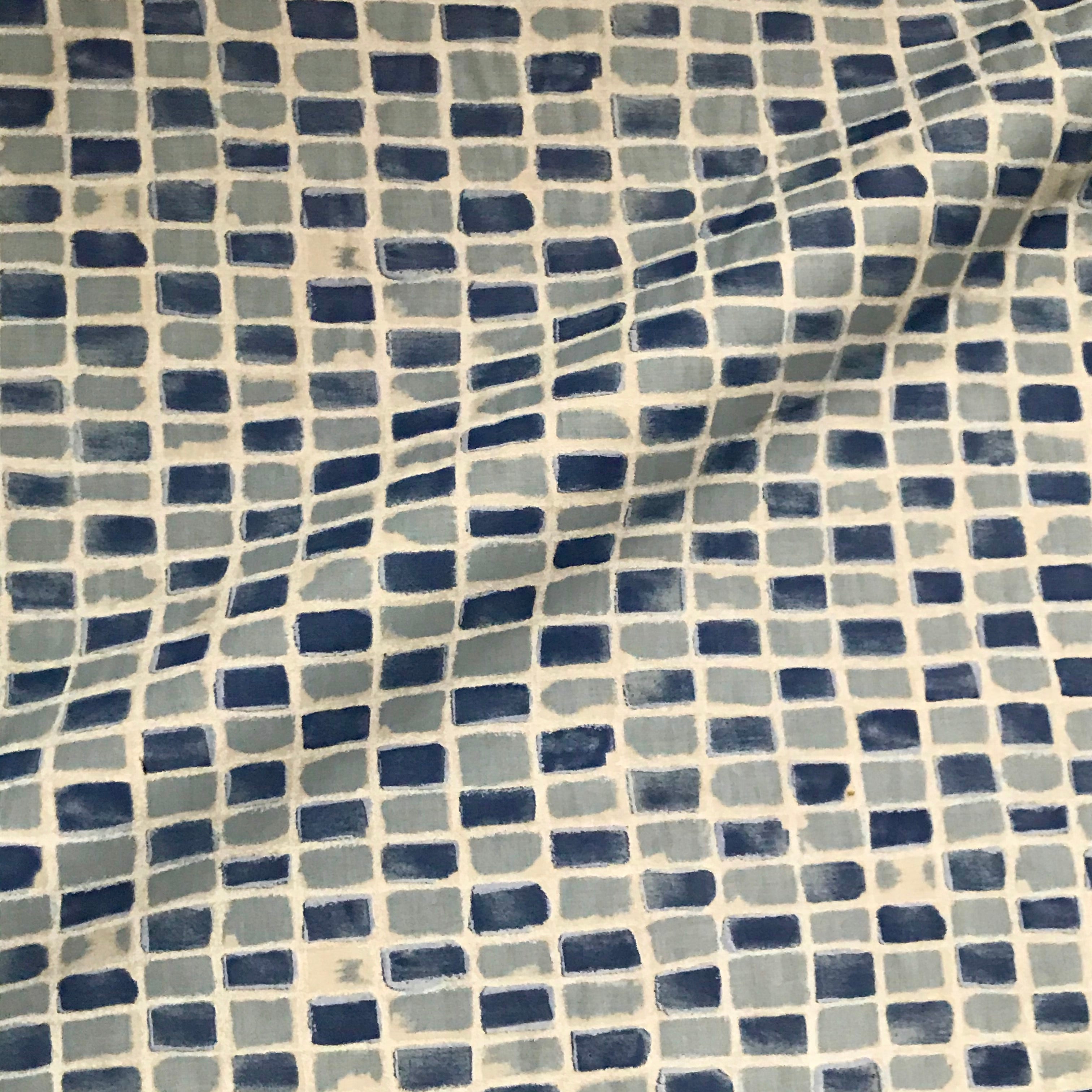 Retro Vintage Blue Glaze Tile Printed Cotton Fabric - 44"
