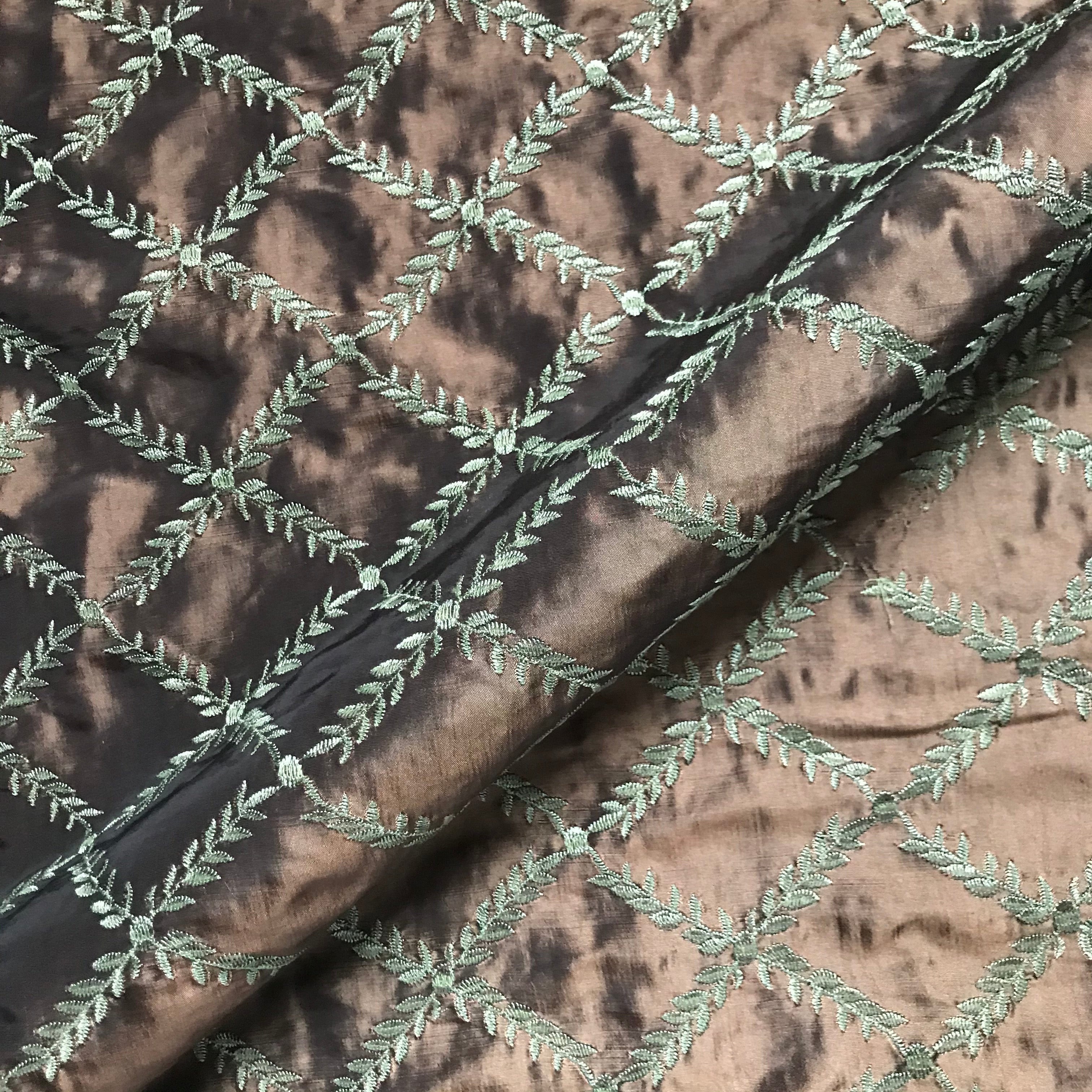 Emerson Coffee Brown Embroidered Green Vine Fabric - 54"