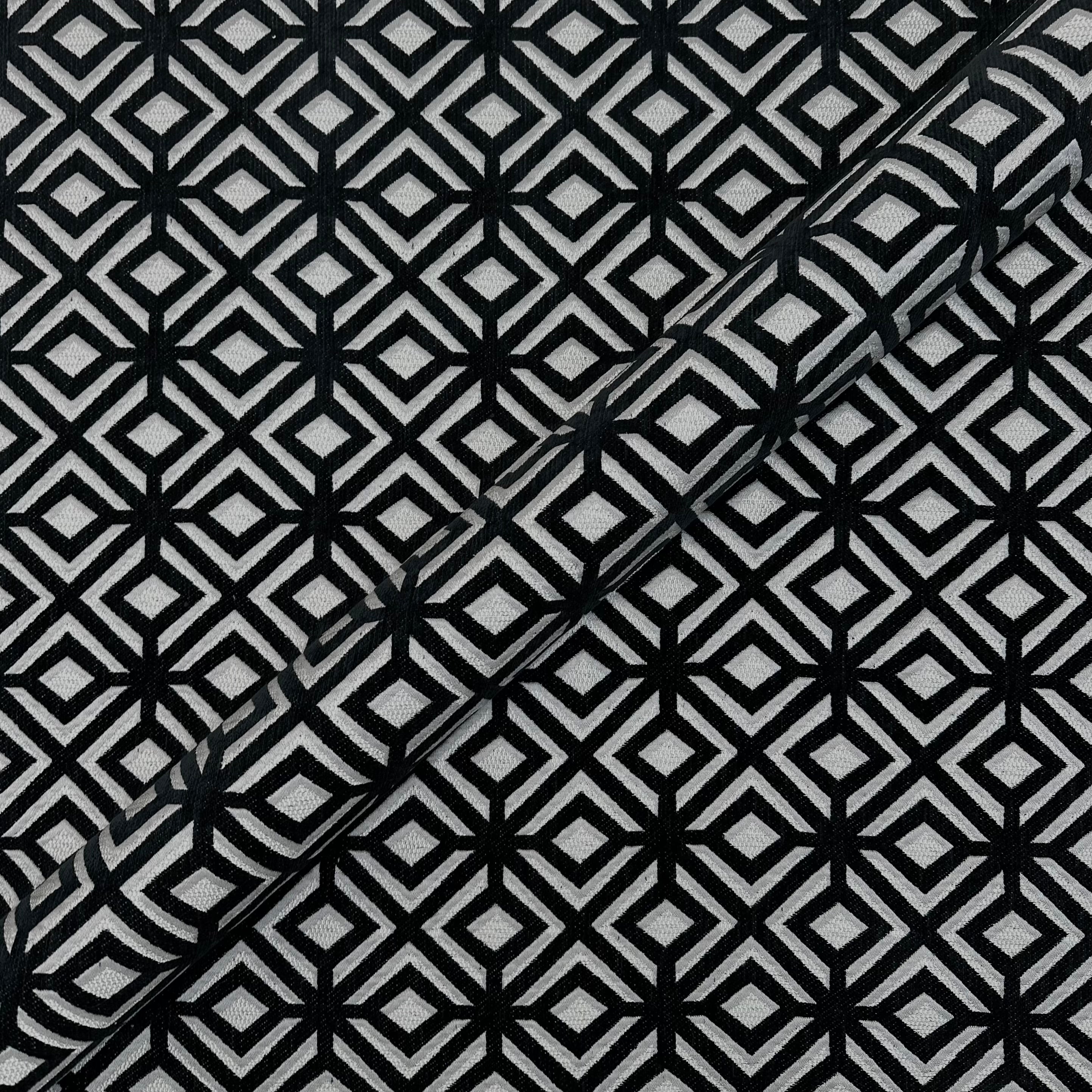 Black Art Deco Geometric Chenille Upholstery Fabric 57"