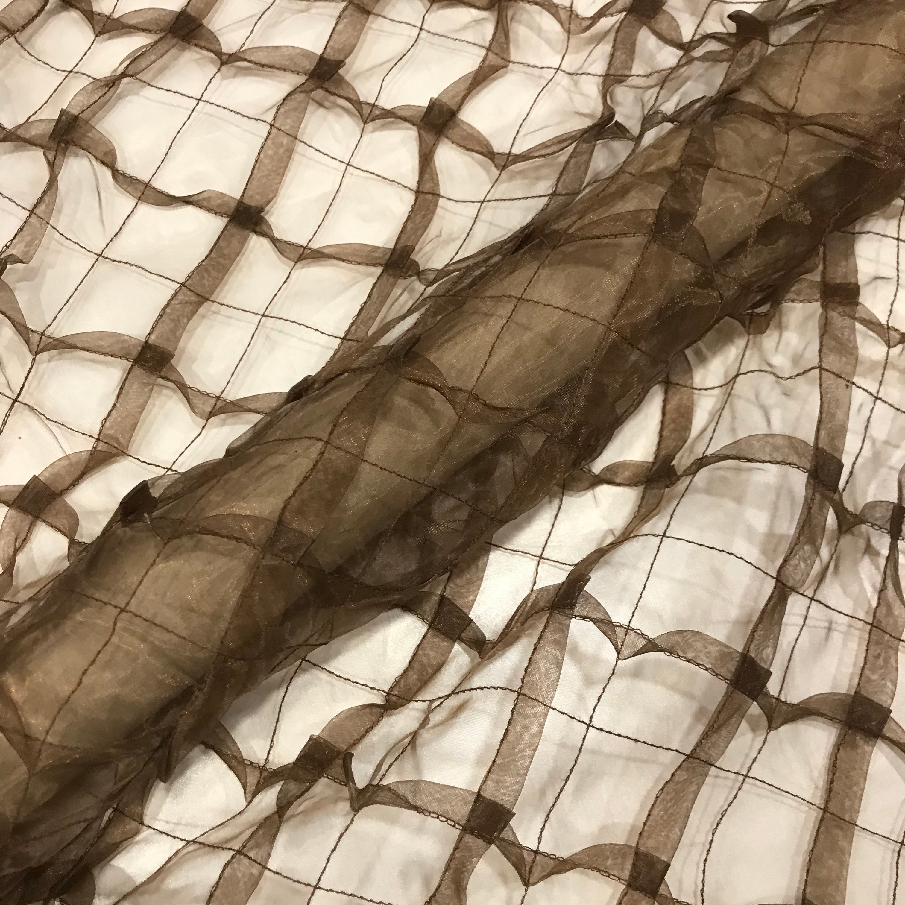 Sheer Brown Pleated Check Lace Fabric by the Yard - 54"