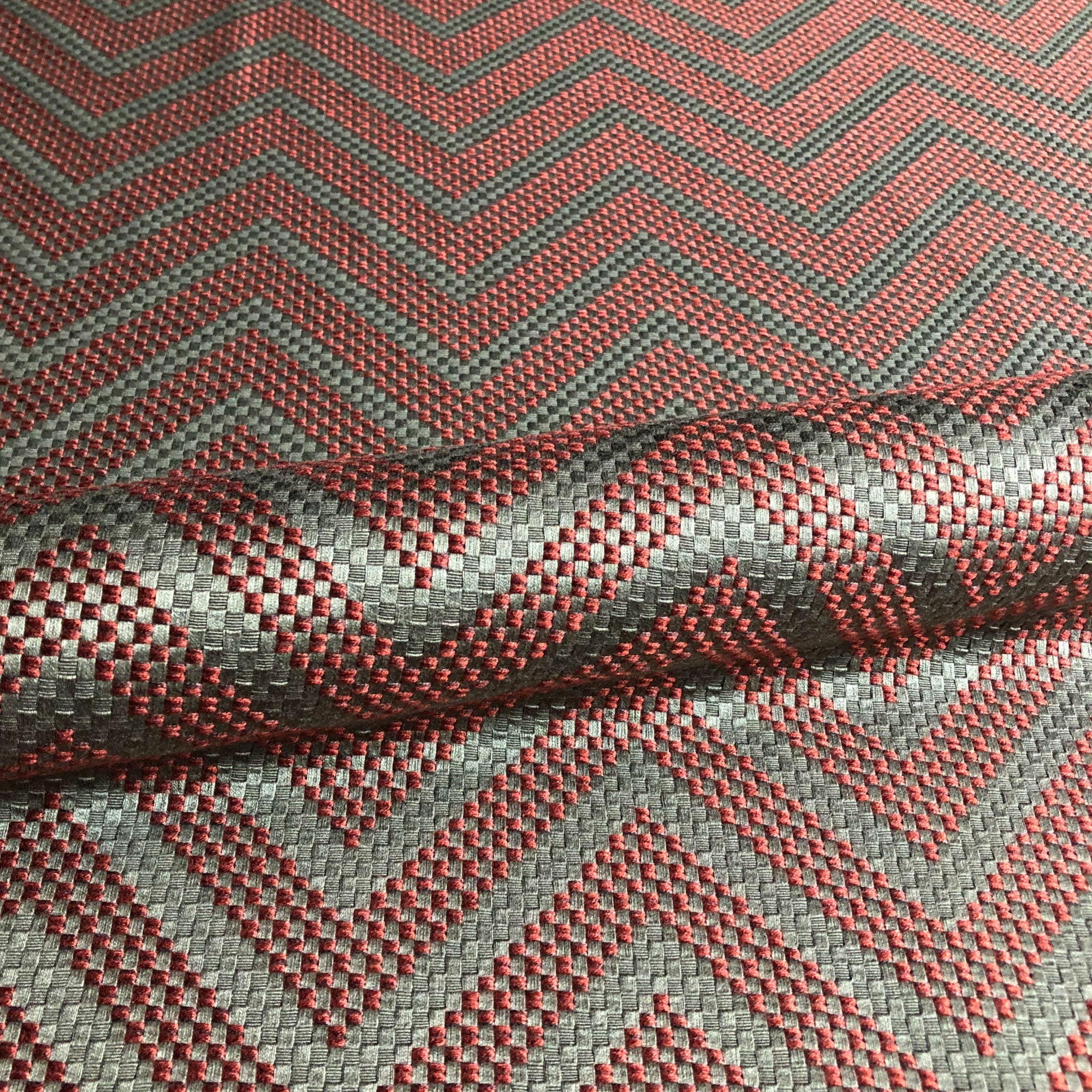 Metallic Red Textured Chevron Woven Upholstery Fabric 54"