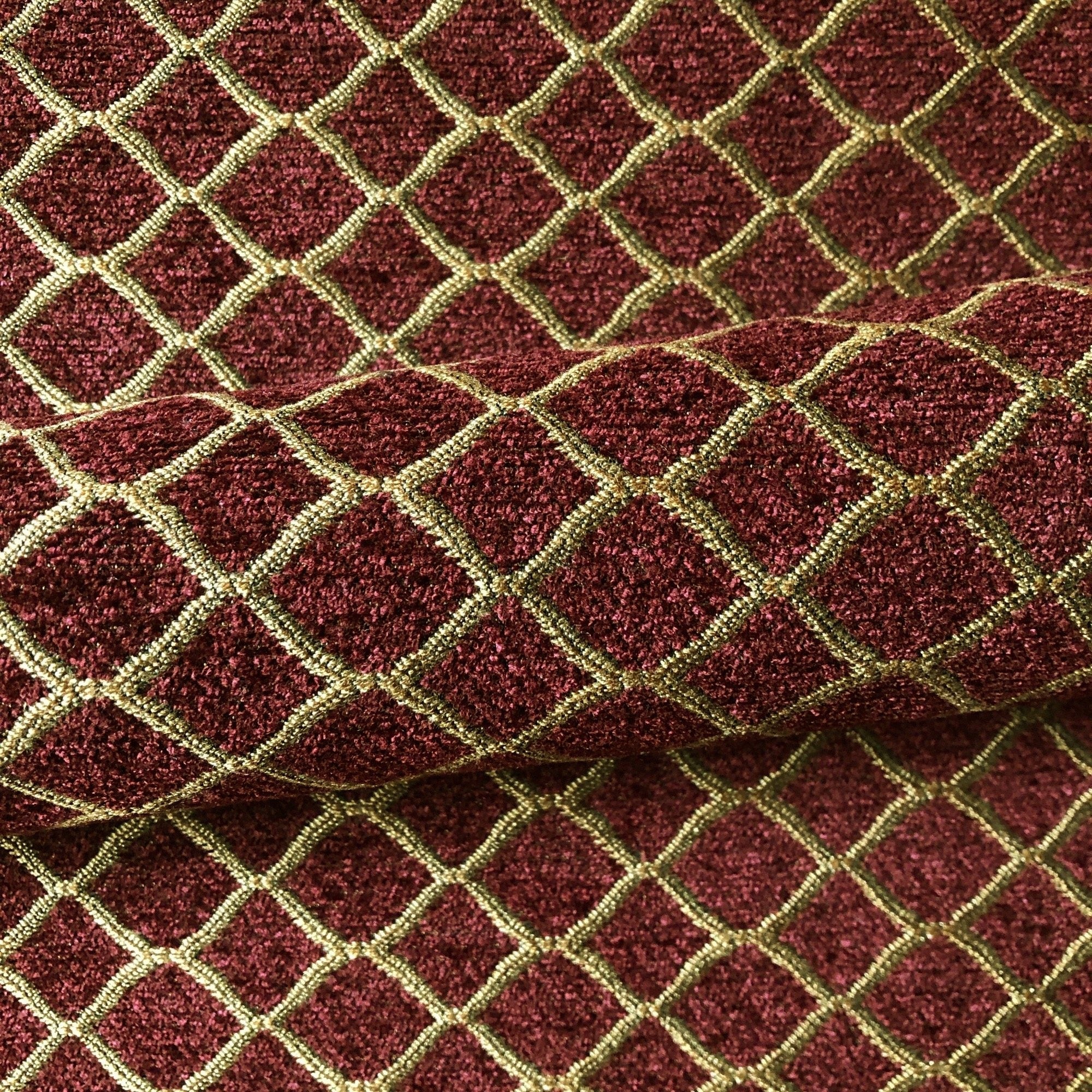 Old Hollywood Red Trellis Chenille Upholstery Fabric 54"