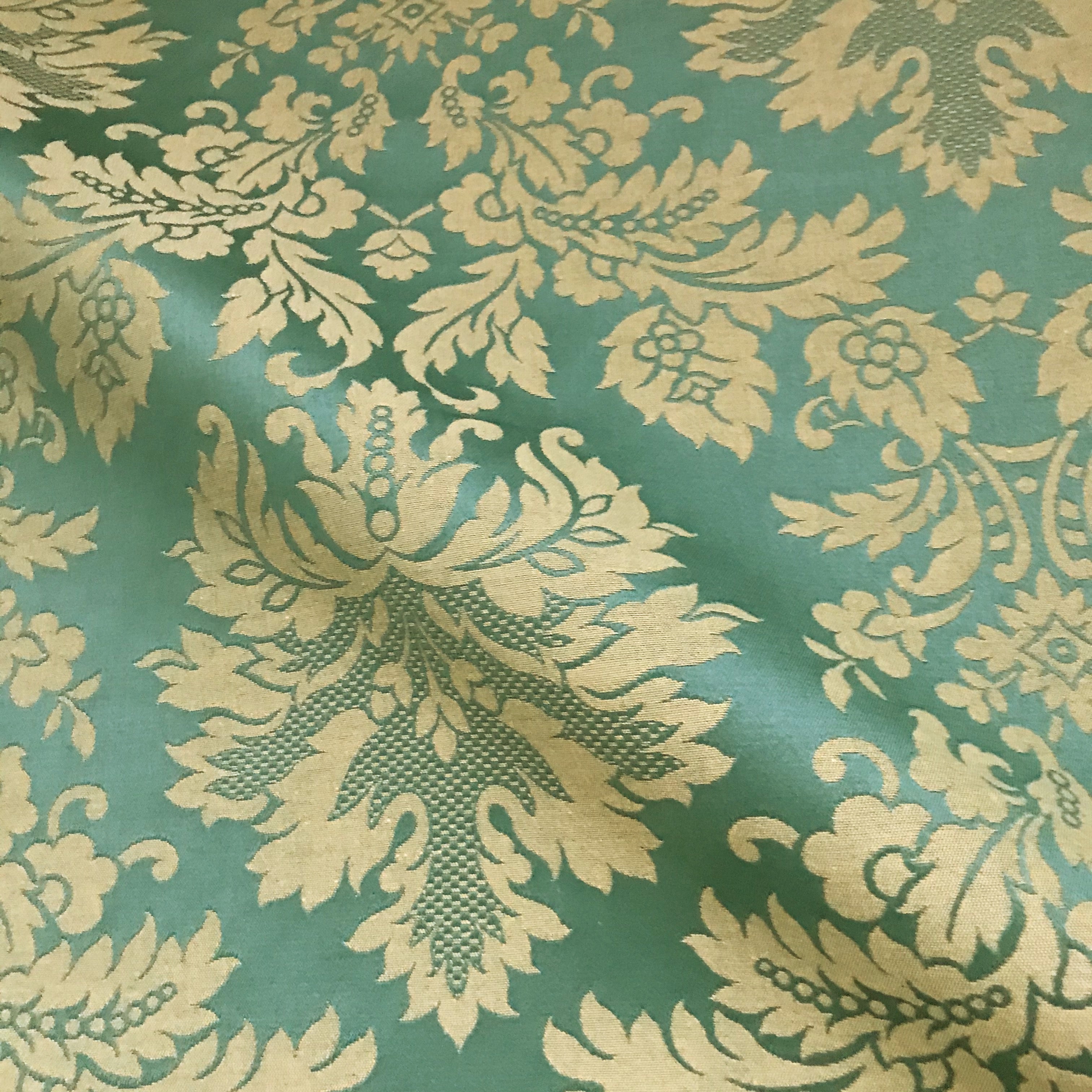 Traditional Antique Gold Green Damask Woven Upholstery Fabric 54"